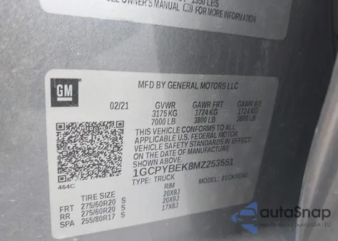 2021 Chevrolet Silverado 1500 4Wd Short Bed Custom z USA, uszkodzony, nr VIN 1GCPYBEK8MZ253551